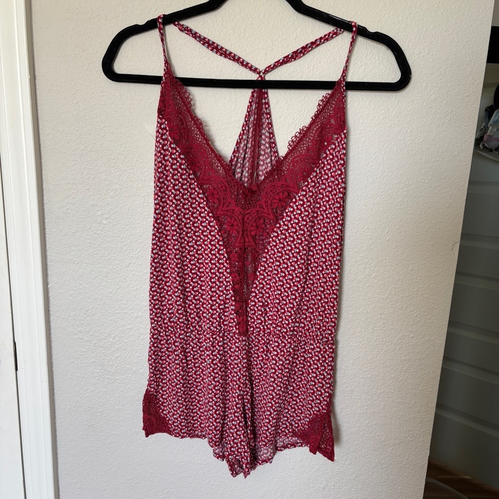 Victorias Secret Womens Babydoll Chemise Red Geometric Lacey Romper Sz S